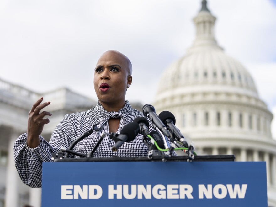 WASHINGTON, DC - OCTOBER 26: Rep. Ayanna Pressley (D-MA) speaks during a news conference about hunger and nutrition outside the U.S. Capitol October 26, 2021 in Washington, DC. The lawmakers announced they intend to introduce a bill that would begin the process of convening a national White House conference on food, nutrition and hunger. The only White House conference focused on issues of hunger was in 1969 during the Nixon administration. (Photo by Drew Angerer/Getty Images)