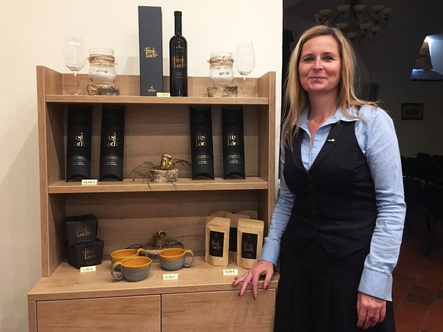 Mojca Pernovsek, head of Sevnica's tourism bureau, at the town's 900-year-old castle, where First Lady products are sold honoring native daughter Melania Trump. They include specially made wine, salami, chocolate, teacups and face cream.