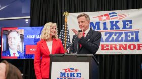 Mike Mazzei addresses his supporters on Tuesday, June 16, 2026, during Maze’s watch party in Bixby, Okla. Supporters gathered to watch results in the Republican primary election.