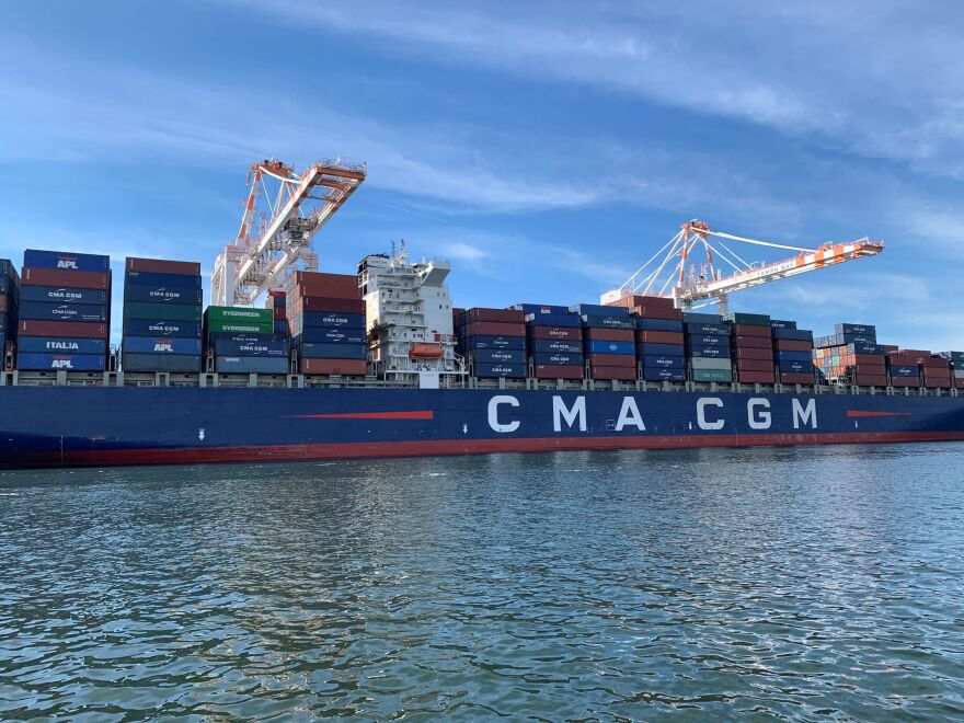 This CMA CGM cargo ship began its journey in Singapore. It made stops in Vietnam, South Korea, and China before sailing across the Pacific Ocean, through the Panama Canal, and arriving at Port Tampa Bay in early December. BRADLEY GEORGE/WUSF PUBLIC MEDIA