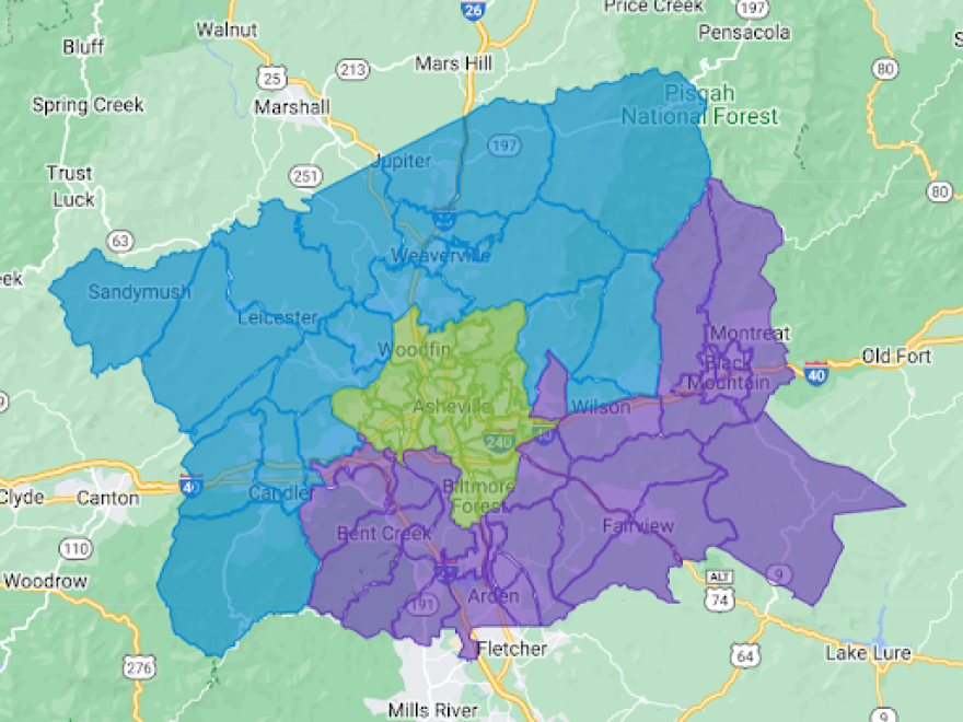 Purple is District 1, Blue is District 2, and Green is District 3.