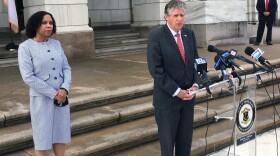 Rhode Island Gov. Dan McKee, right, Lt. Gov. Sabina Matos during a recent news conference.