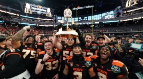 Las Vegas, NV - December 17, 2022. - Allegiant Stadium:The Oregon State University (OSU) Beavers celebrating after the 2022 SRS Distribution Las Vegas Bowl. (Photo by Al Powers / ESPN Images)