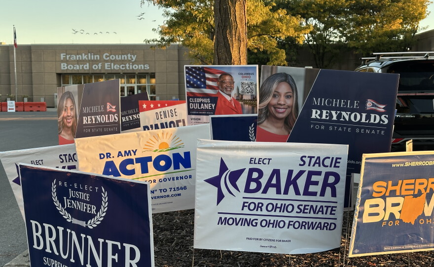 Yard signs outside the Franklin County Board of Elections in October 2026.