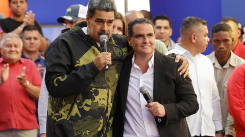 FILE - Venezuela's President Nicolas Maduro, left, and Alex Saab stand together during an event marking the anniversary of the 1958 coup that overthrew dictator Marcos Perez Jimenez, in Caracas, Venezuela, Jan. 23, 2024.