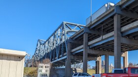 The underside of the Brent Spence Bridge, as seen from West 3rd Street, in Covington.