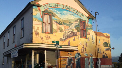 A mural on a building in downtown Blue Lake, California captures the historic feel of the tiny town in Humboldt County.