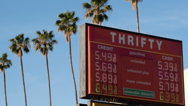 Gas prices are advertised Friday, March 13, 2026, in Los Angeles.