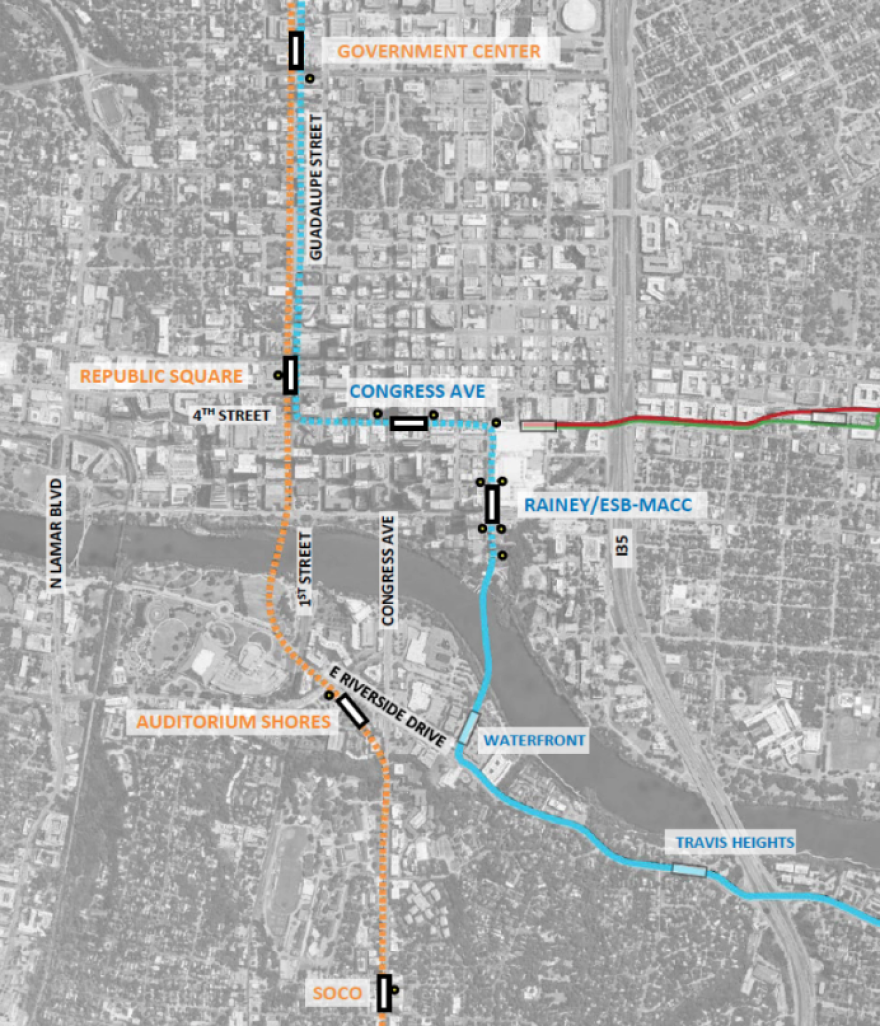 A map showing subway stations located at or near Auditorium Shores, Rainey Street, Congress Avenue at Fourth Street, Republic Square Park, the Texas Capitol Complex and South Congress Avenue.