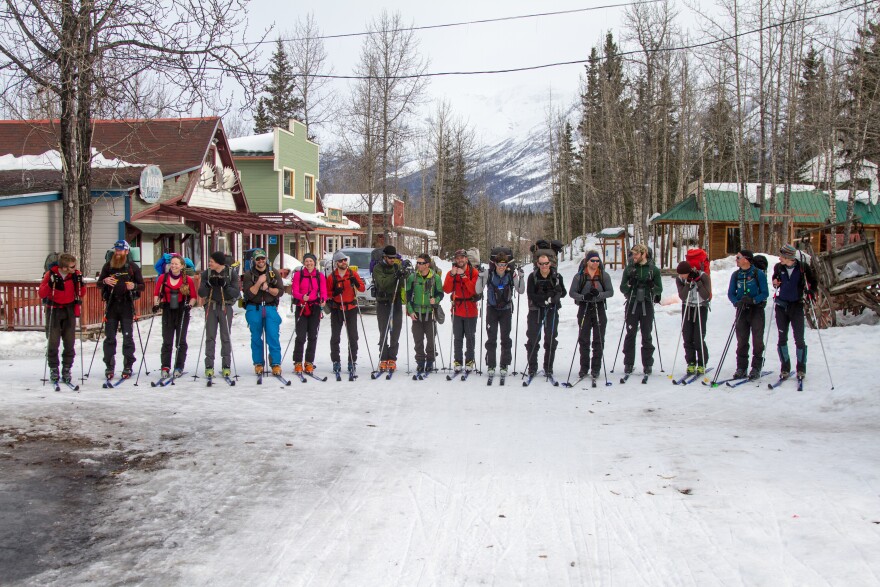 The crew at the start line of the 2015 Wilderness Ski Classic in the Wrangell-St. Elias Mountains. (Photo courtesy of Luc Mehl)