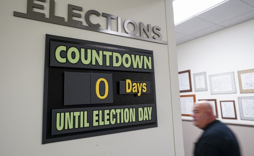 A sign displayed in the hallway at Northampton County Courthouse in Easton, Pennsylvania, on primary Election Day 2024.