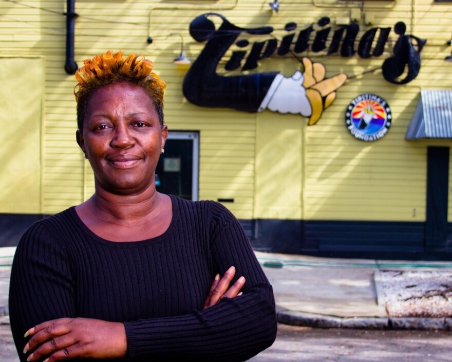 Professor Longhair's daughter Pat Walton Byrd poses outside Tipitina's, a New Orleans venue named after one of her father's compositions.