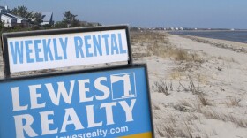 A beach rentals sign in Lewes, Delaware.