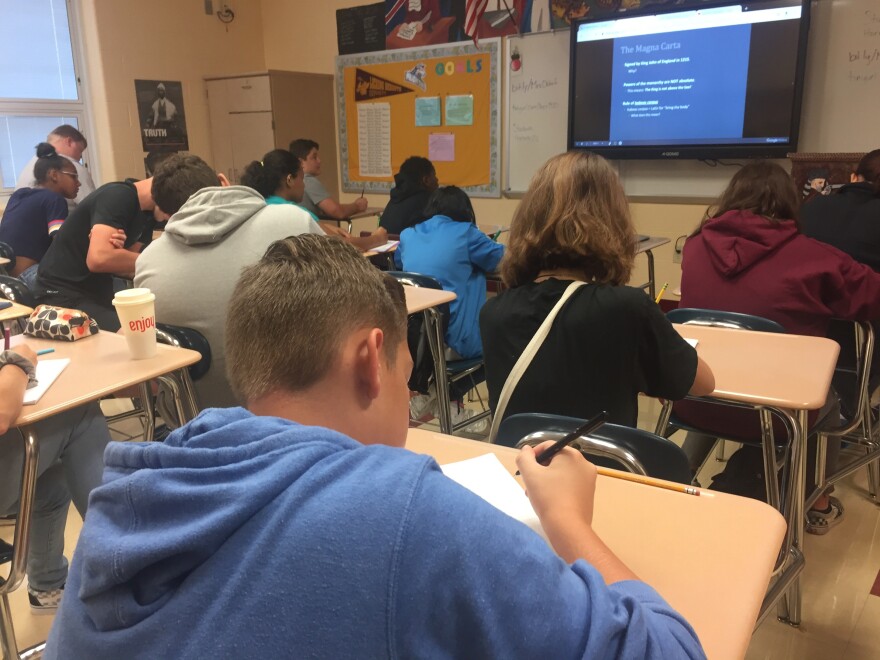 Students take a test in a high school classroom in Licking Heights in 2019.