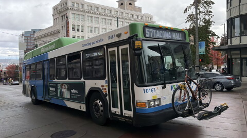 A Pierce Transit bus in downtown Tacoma. Oct. 28, 2026.