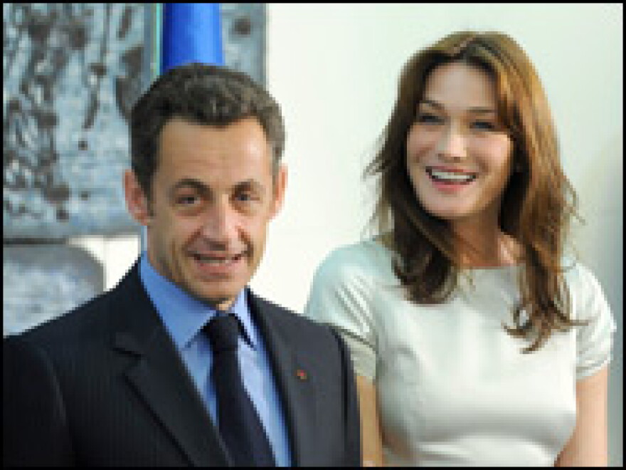 French President Nicolas Sarkozy and his wife, Carla Bruni, attend an official dinner with Israel's President Shimon Peres on June 23 in Jerusalem.
