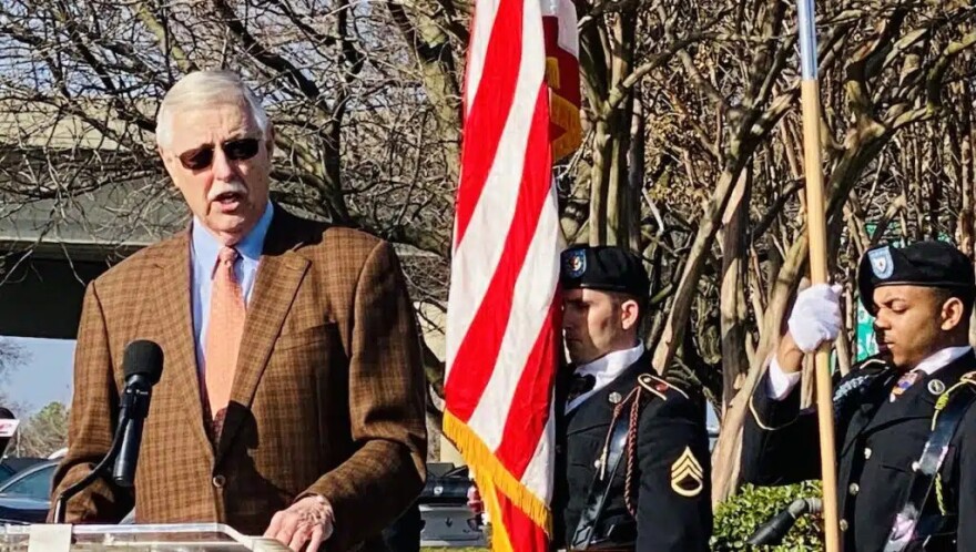 Christian County Judge-Executive Steve Tribble addresses an audience for the annual ceremony at Gander Memorial Park in Hopkinsville.