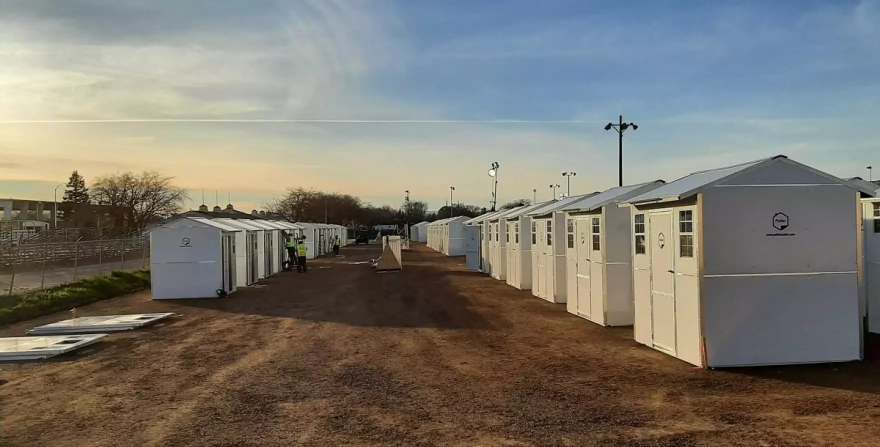 A row of pallet shelters in Chico, Calif.