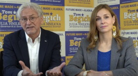 Democrat Tom Begich and running mate Julia Hnilicka announce suspension of their campaign. Screen shot from Facebook video posted on Aug. 28, 2026.