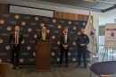 At a press conference on May 19, 2026 at the Wayne Morse U.S. Courthouse in Eugene, officials credited collaboration between local and federal law enforcement to disrupt a burglary ring targeting Asian Americans in Eugene. From left, US Attorney Scott Bradford, Lane County District Attorney Chris Parosa, Special Agent in charge of the FBI in Oregon Douglas Olson, and Eugene Police Chief Chris Skinner.