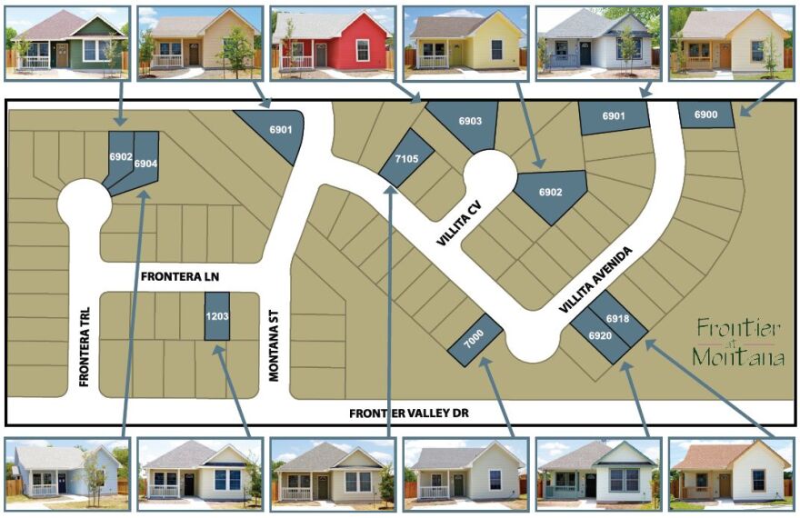 This flier shows the homes and describes where they are located in the southeast Austin subdivision of Frontier at Montana.