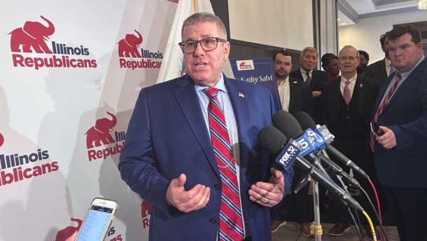 Republican nominee for governor Darren Bailey speaks to reporters following a Republican Party breakfast in Naperville on March 18, 2026. 