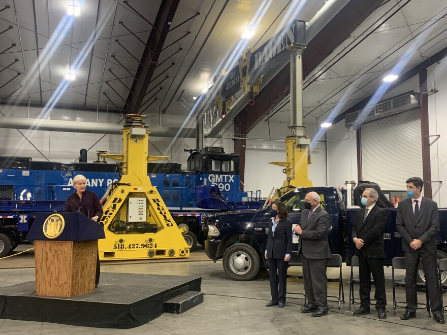 U.S. Energy Secretary Jennifer Granholm speaking at the Port of Albany Friday.