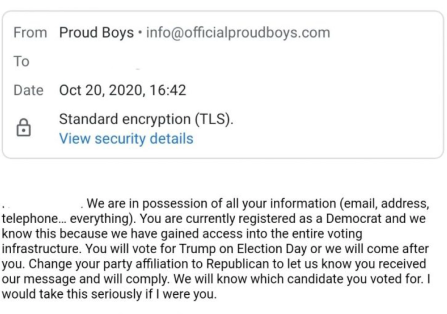 This email was sent to registered Democrats in Alachua County by a sender claiming to be from the Proud Boys, an extremist far-right group established in 2016.