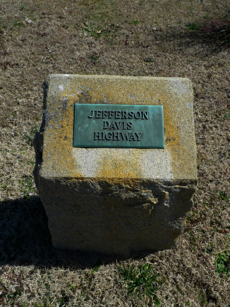 An original Jefferson Davis Highway marker in Stovall, N.C., between the railroad tracks and US-15.