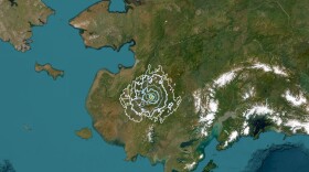 A United States Geological Survey aerial map shows the epicenter and Shakemap MMI Contours of a rare 4.1 magnitude earthquake that shook the Yukon-Kuskokwim Delta on April 22, 2024.