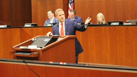 Mayor Ross McMullin addresses the crowd at Keller Town Hall after he is sworn in, May 19, 2026.