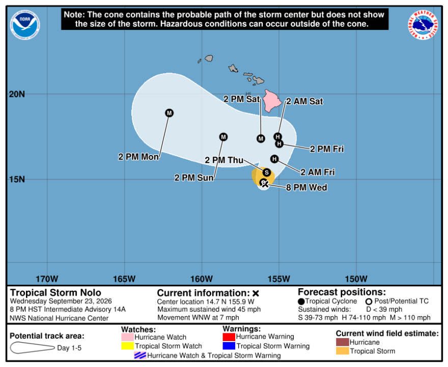 The 5-day forecast for Tropical Storm Nolo as of 8 p.m. Wednesday, Sept. 23, 2026.