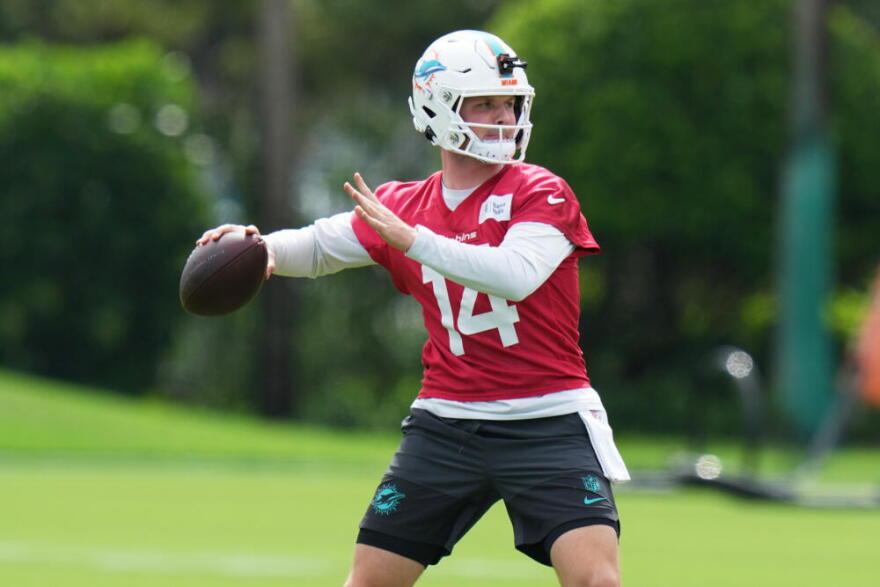 Miami Dolphins quarterback Kyle McCord (14) does drills during practice at the team's NFL football training complex, Tuesday, Sept. 1, 2026, in Miami Gardens, Fla. (Lynne Sladky/AP)