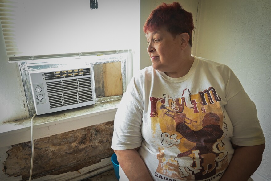 A woman sits near a window unit air conditioner in the corner of an apartment. Below the air conditioner, mold is growing where paint has peeled away from the wall.