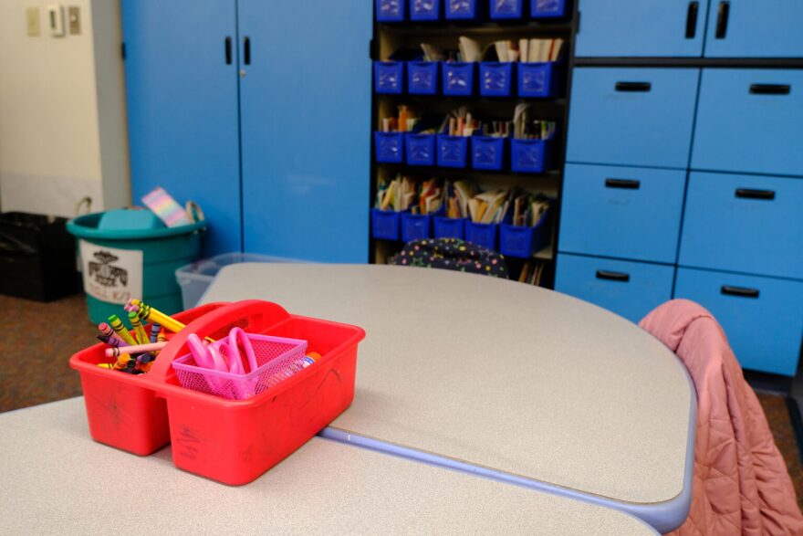 A student desk seen on the first day of school at Harborview Elementary School in Juneau on Aug. 15, 2025.