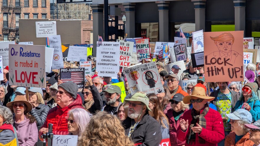 Attendees at a March 28, 2026 No Kings rally in Cincinnati.