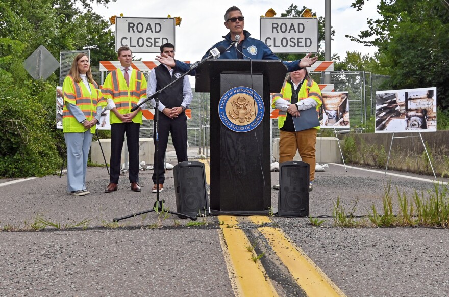 U.S. Secretary of Transportation Sean Duffy speaks at an Aug. 25, 2026 news conference at the Nanticoke side of the Nanticoke-West Nanticoke bridge. Behind him, from left, are state Sen. Lisa Baker, state Rep. Alec Ryncavage, U.S. Rep. Rob Bresnahan and Luzerne County Manager Romilda Crocamo.