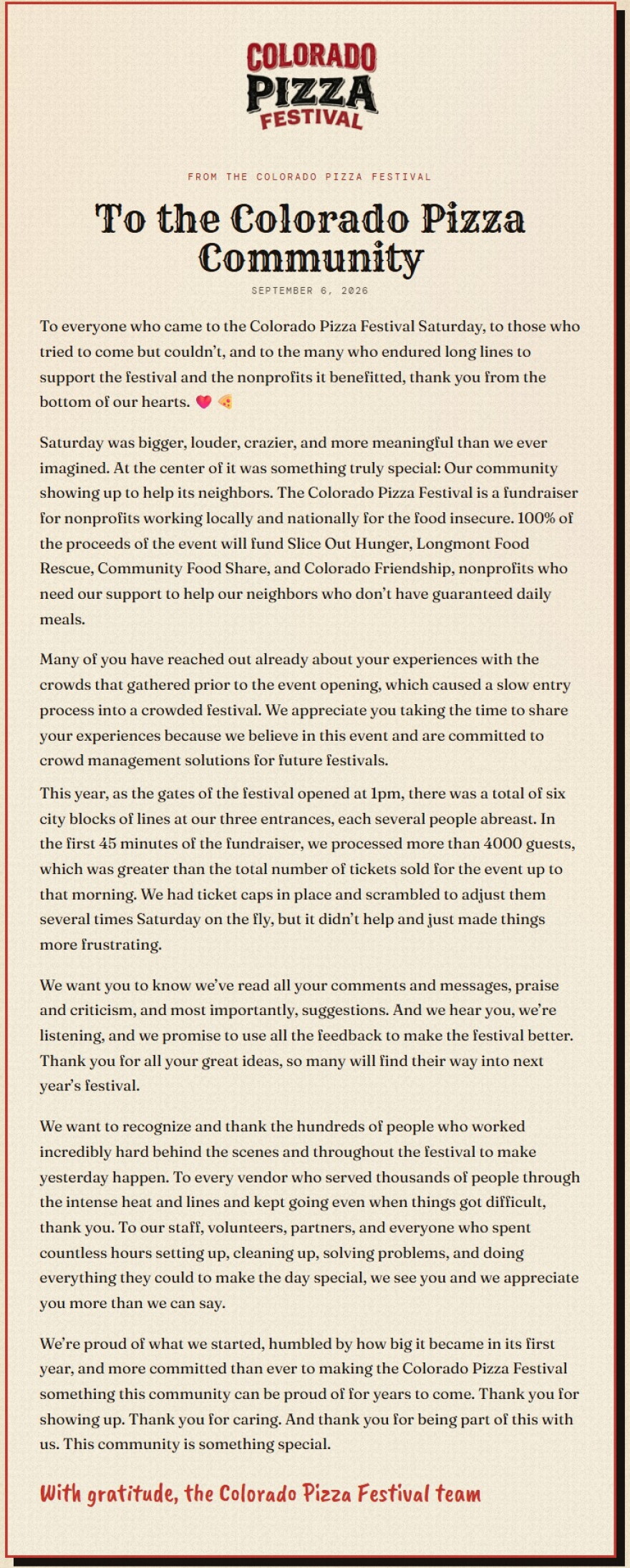 A statement from Colorado Pizza Festival organizers acknowledging logistical issues with the first event.