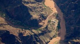 Bright Angel Canyon, damaged by flash floods, runs into the Colorado River in the Grand Canyon, Monday, Aug. 31, 2026, at Grand Canyon National Park, Ariz.