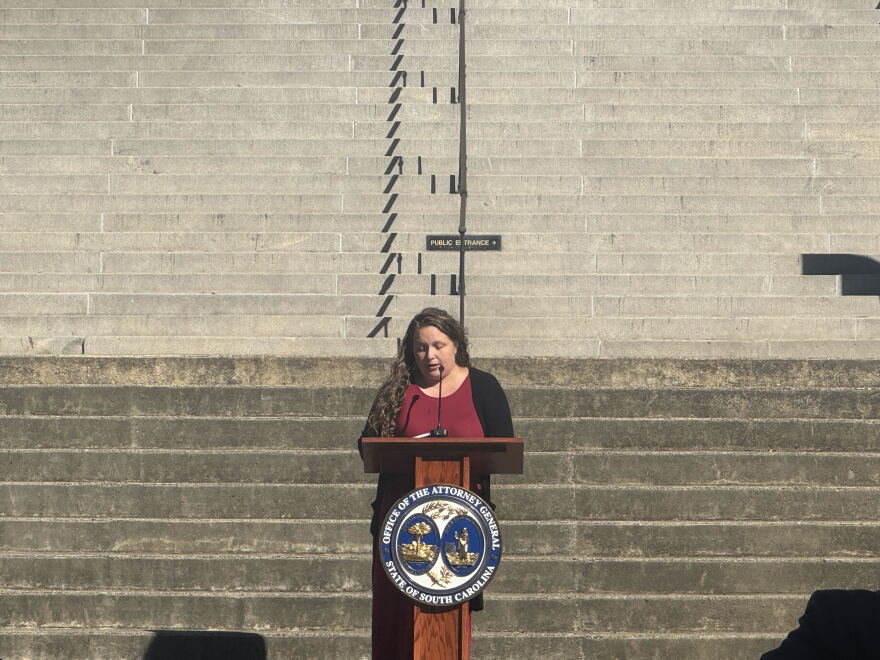 Domestic violence survivor Sierra Locklear shares her story during the 2026 Silent Witness Ceremony on the Statehouse grounds in Columbia on Oct. 6, 2026.