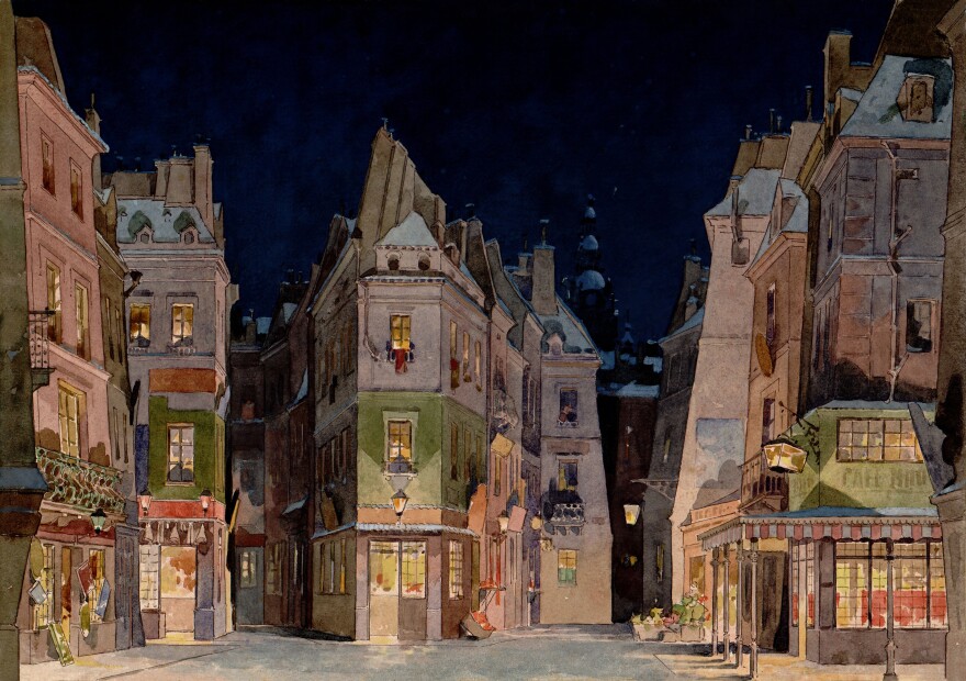 The set design for Act 2 of the 1896 premiere production of Puccini's La bohème.