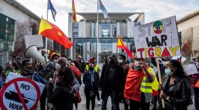 Pro-Tigrayan demonstrators display placards during a protest in Berlin over a week-old conflict in northern Ethiopia between the regional ruling party, the Tigray People's Liberation Front and the government of Prime Minister Abiy Ahmed. 