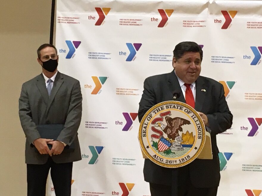 Gov. JB Pritzker announces Business Interruption Grants during an appearance Thursday, Aug. 13, 2020 at the YMCA in Bloomington.