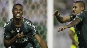 Luiz Otávio of Brazil's Chapecoense (left) celebrates with teammate Wellington Paulista after scoring against Colombia's Atlético Nacional in April. Chapecoense has a chance at another title — that of the Recopa Sudamericana — when it plays Atlético again in the second leg of the final this week.