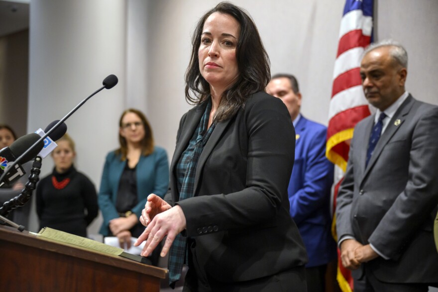 FILE: Sarah Fox of the 黑料吃瓜网 Coalition to End Homelessness speaks during a press conference called by legislators and advocates to urge 黑料吃瓜网 lawmakers to increase funding for the growing urgency of 黑料吃瓜网 unhoused population, December 20, 2023. Recent data from 黑料吃瓜网鈥檚 Coordinated Access Network shows that close to one thousand people will be living outdoors this winter, and that the homeless services system does not currently have the capacity to bring them indoors.