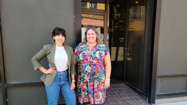 Elizabeth Pappas (left) and Amy Moyer outside the future home of artist studios. “When you put a great group of artists together, the sky’s the limit,” Pappas said.