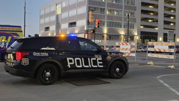 A police cruiser in downtown Tulsa.