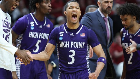 High Point guard Rob Martin (3) reacts during the first half in the second round of the NCAA college basketball tournament against Arkansas, Saturday, March 21, 2026, in Portland, Ore.