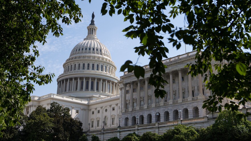 U.S. Capitol building surrounded by green trees