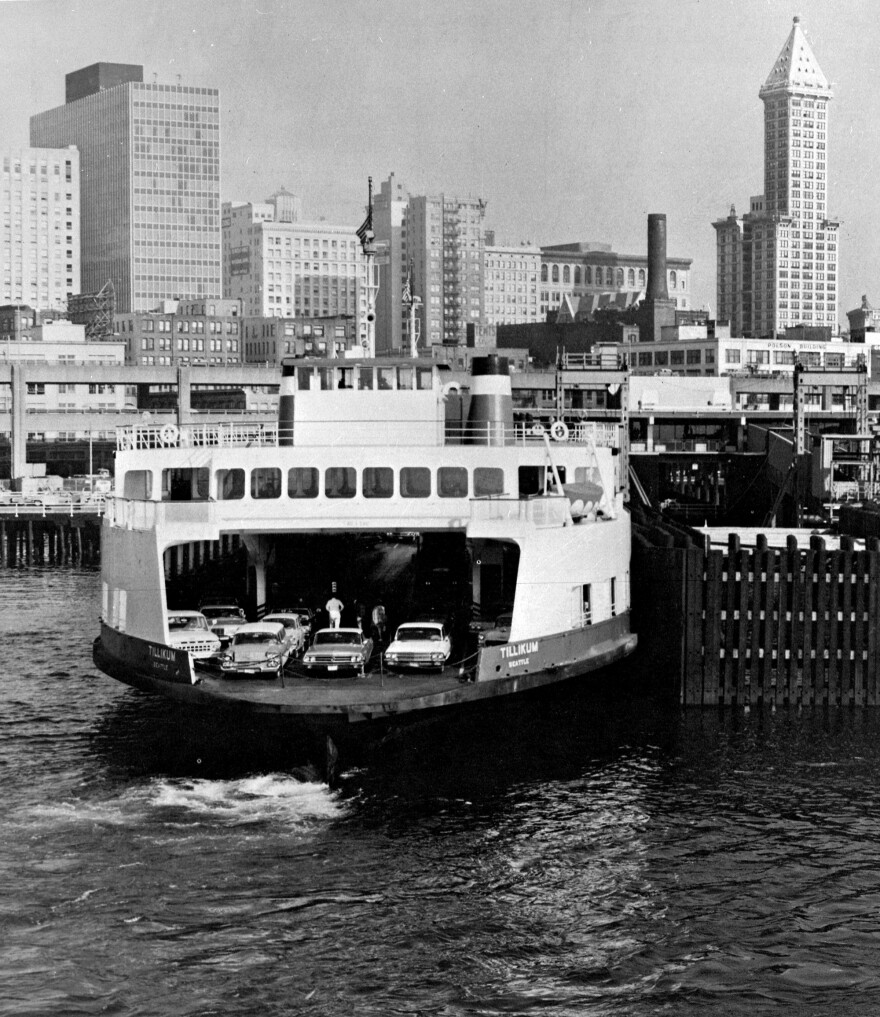 The Tillikum became the “big boat” on the Seattle-Bainbridge ferry route when it entered service n 1959. The Smith Tower, at top right, was still the tallest building in Seattle back then.